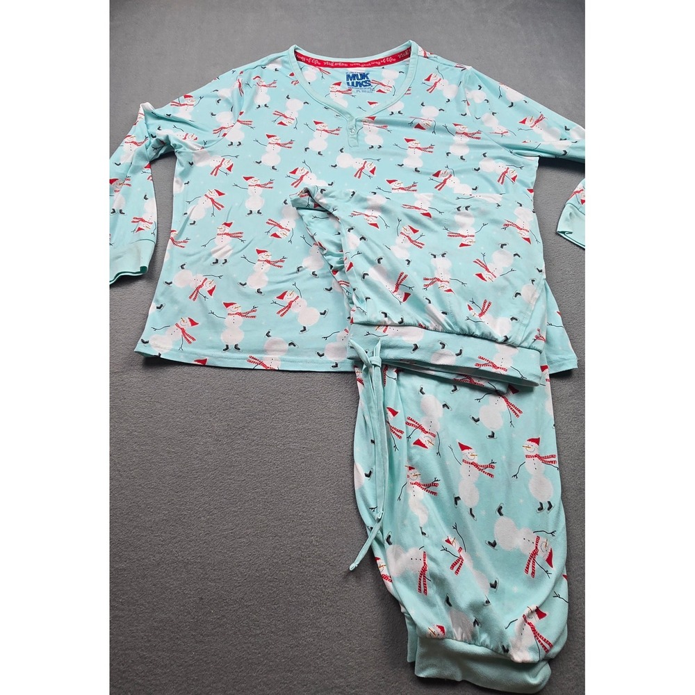 Muk Luks Womens Blue Skating Snowman Pajama Set Henley Top Jogger Pants PL